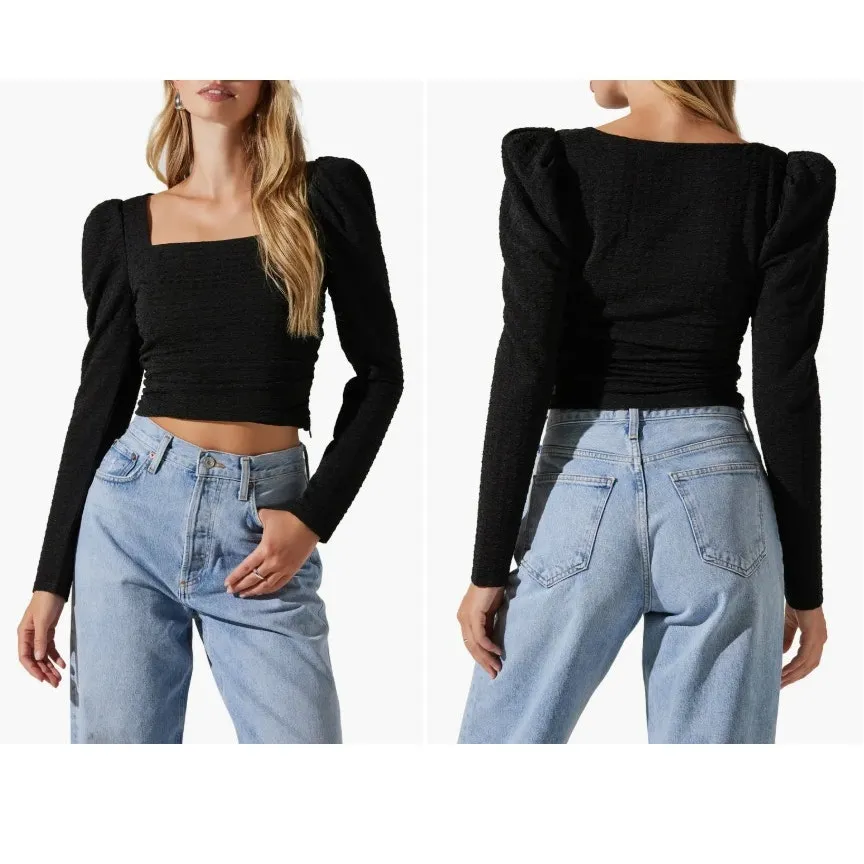ASTR the Label Puff Shoulder Textured Knit Crop Top SIze XS New with‎ Tags Black - Image 2
