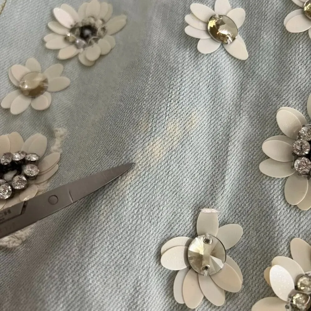 MSGM Denim Overall Jumper Dress Mini Women's Distressed Sz 36 Beaded 3D Flowers Blue - Image 14