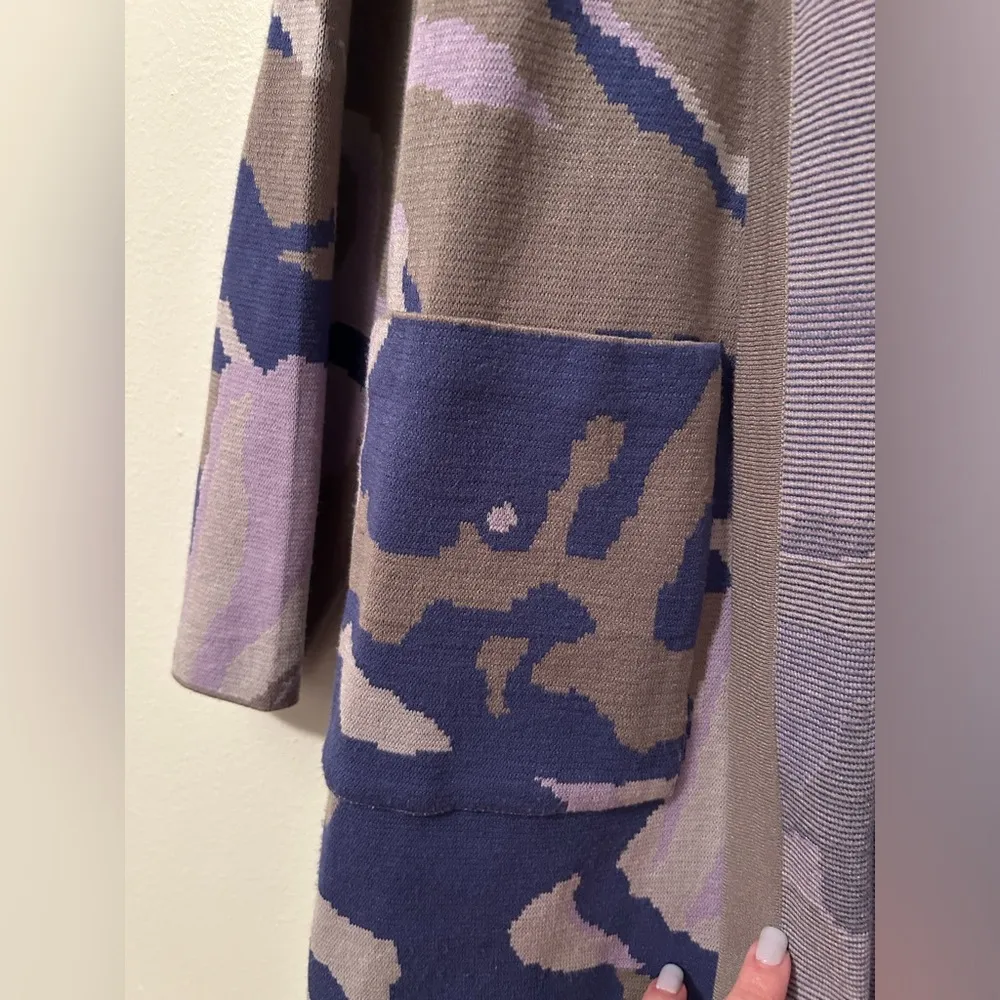 Misook Jacquard Knit Open Front Jacket Belted Pockets Khaki Grey Purple Camo L - Image 3