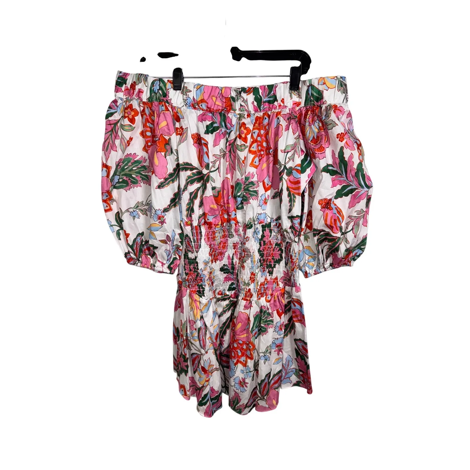 MISA Los Angeles Off The Shoulder Floral Smocked Waist Puff Sleeve Mini Dress L - Image 4