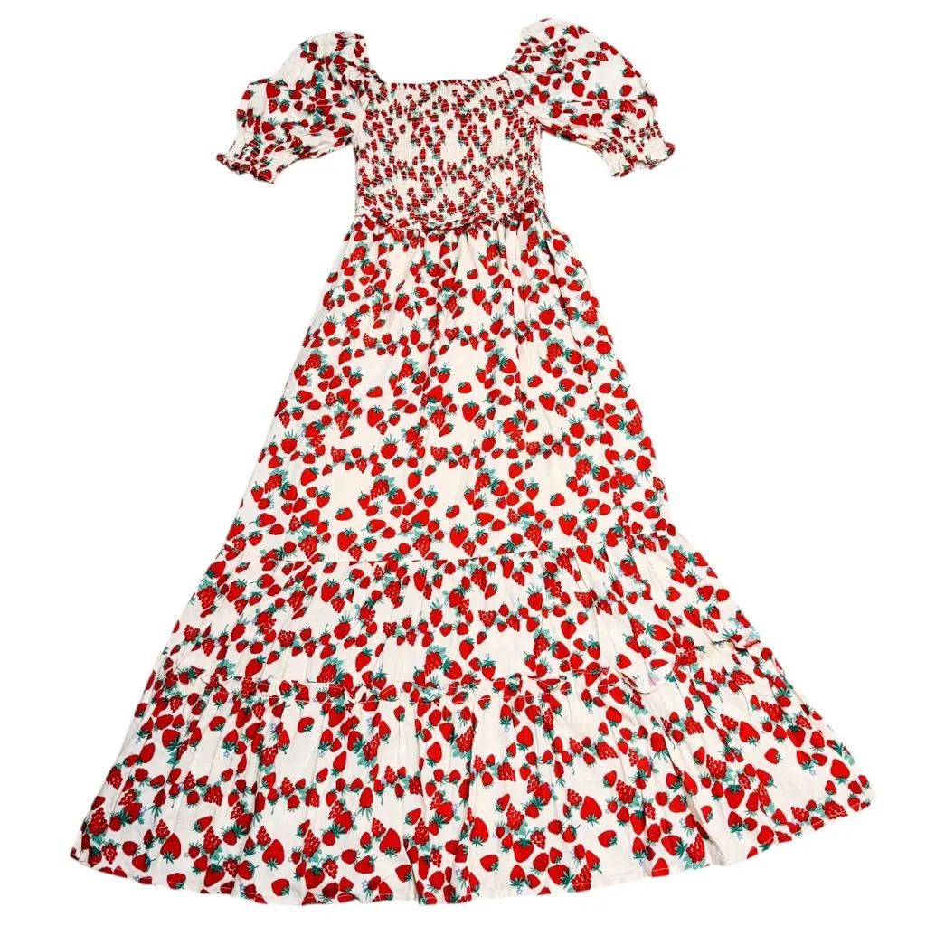 NWT Betsey Johnson Strawberry Print Ruffled Smocked Cotton Maxi Dress - Image 3