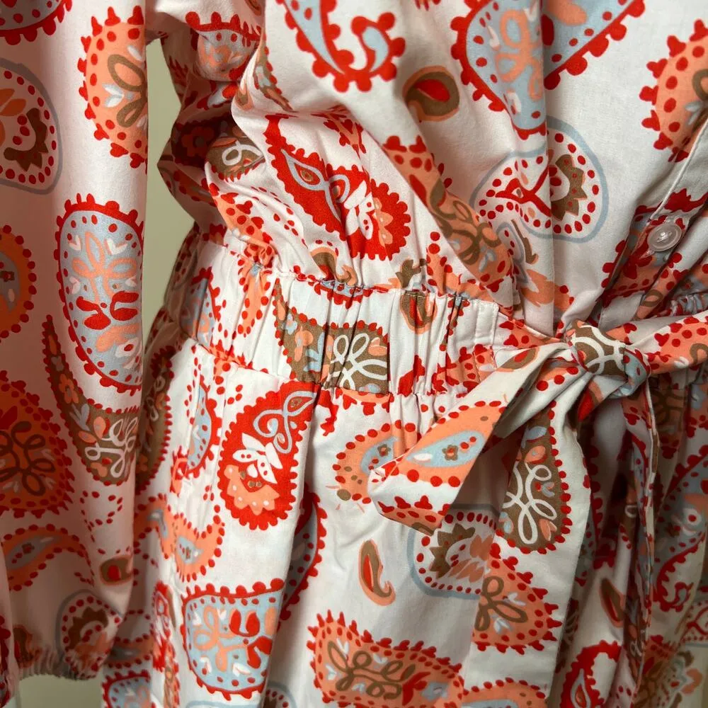 Croft & Barrow Split Neck Shirt Dress Integrated Belt Red Orange Paisley Size XL - Image 3