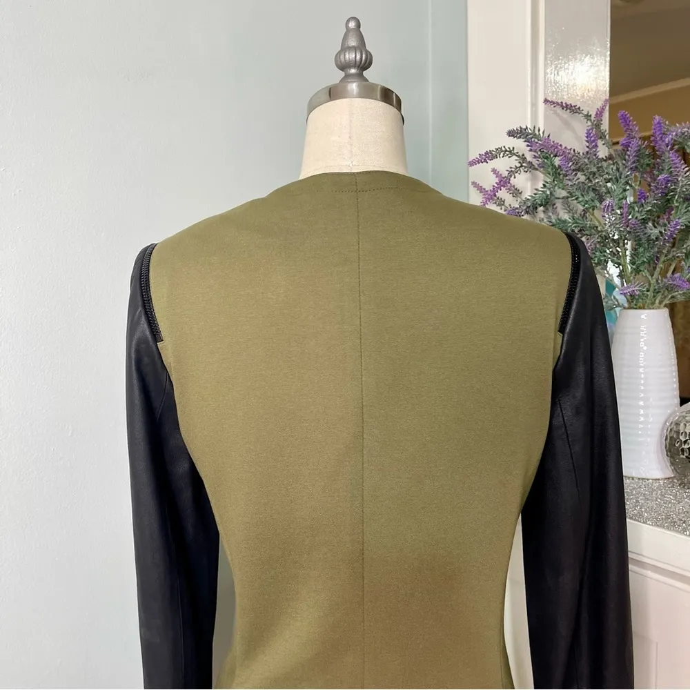 Theory Yaisa Pryor Leather Sleeve Blazer Jacket Olive Green & Black Large - Image 10