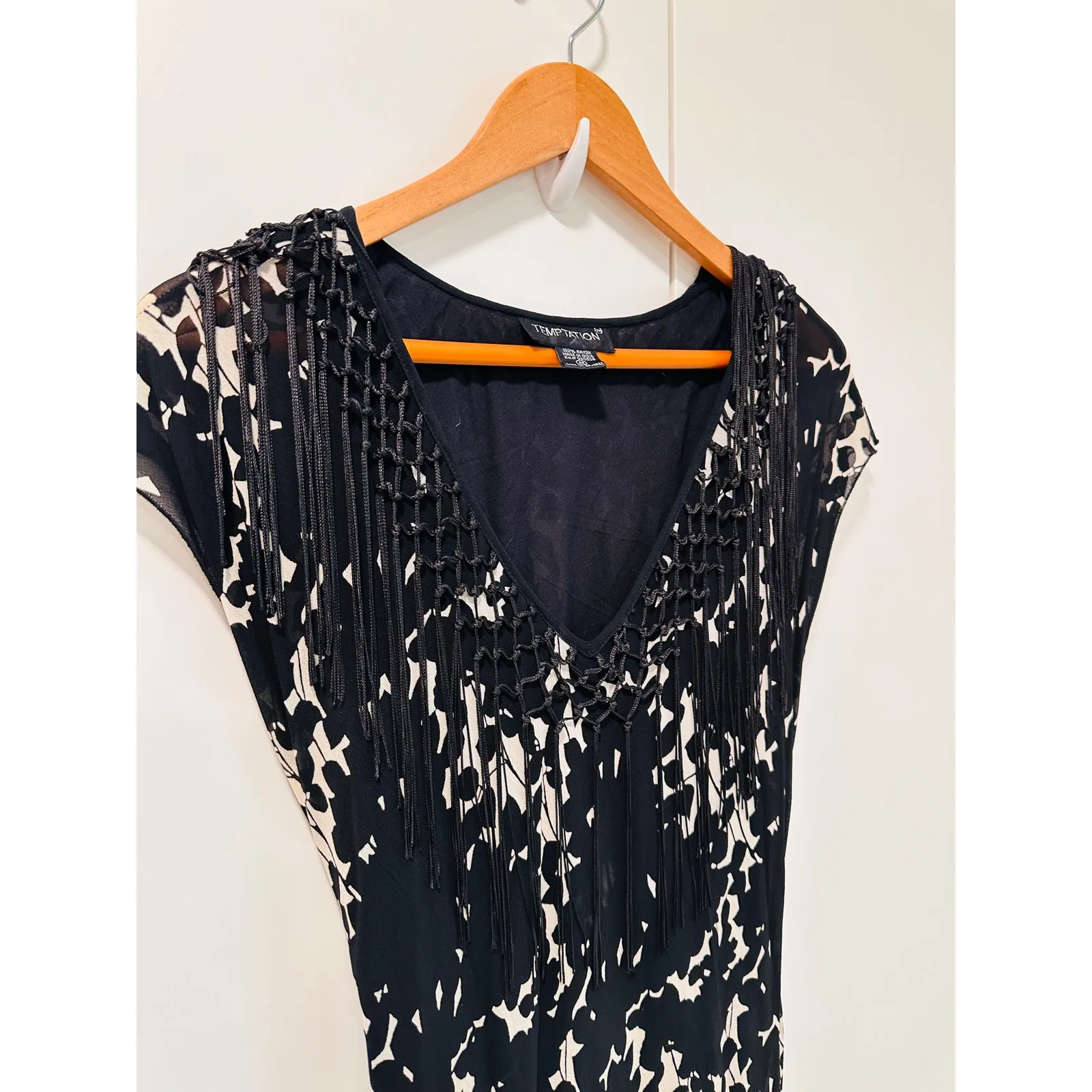 Vtg Y2K 90s Dress Size Medium Black Floral Print Fringe Witchy Whimsy Goth - Image 5