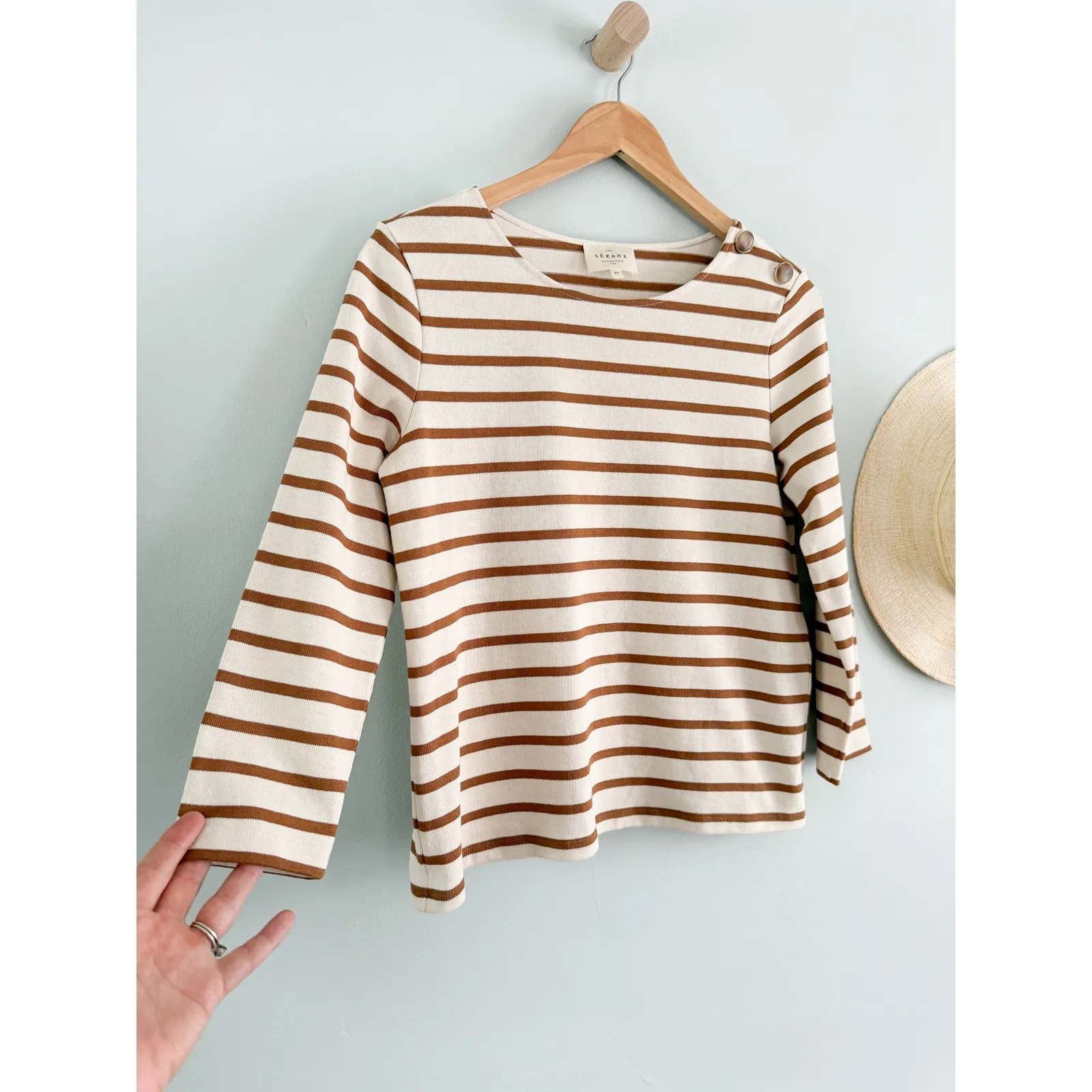Sézane | Colette Marinière Stripe Top Ecru Camel Long Sleeve | Sz XS - Image 3