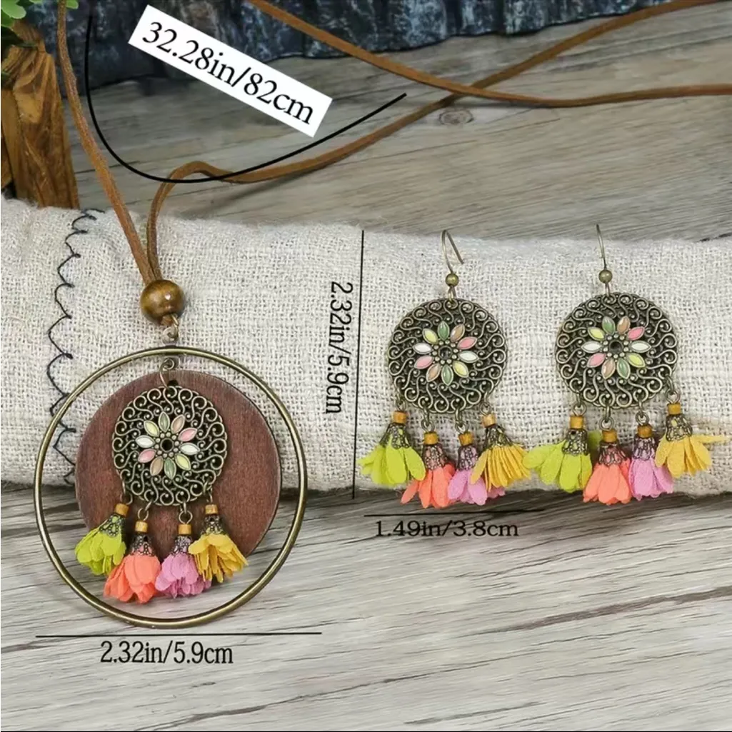 Boho Zinc Alloy Wood Retro Flower Design Tribal Necklace &‎ Earrings Set - Image 2