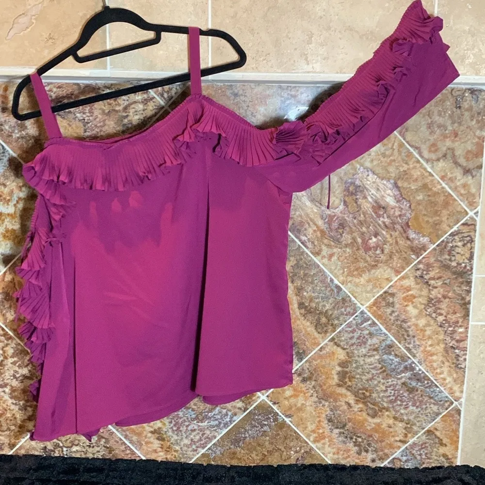 Women's Plus Size 22 Eggplant Ruffle Lace Up Sleeve Cold Shoulder Statement Top - Image 10