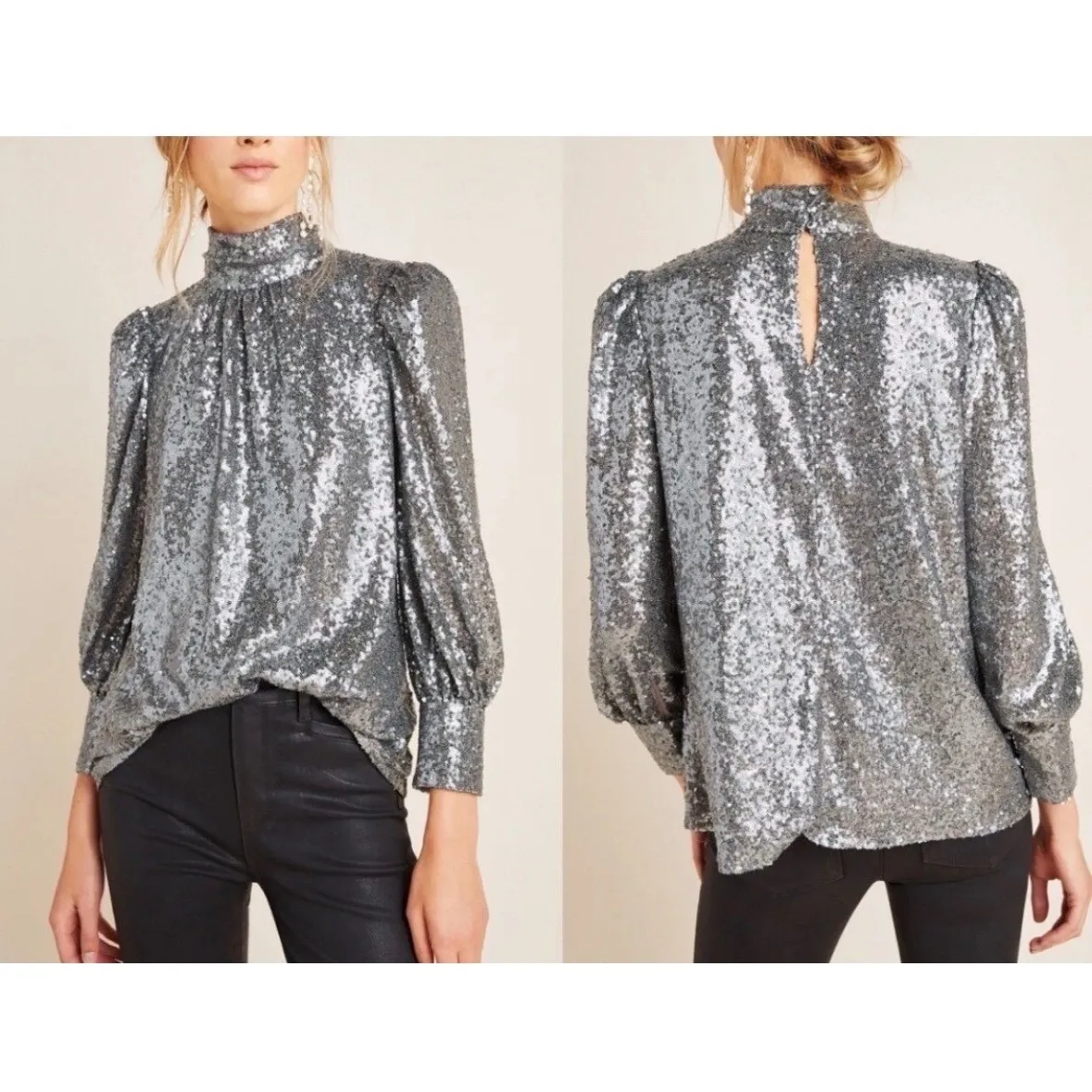 Sunday in Brooklyn Silver Sequin Holiday NYE Mock Neck Puffed Sleeve Blouse Xs - Image 2