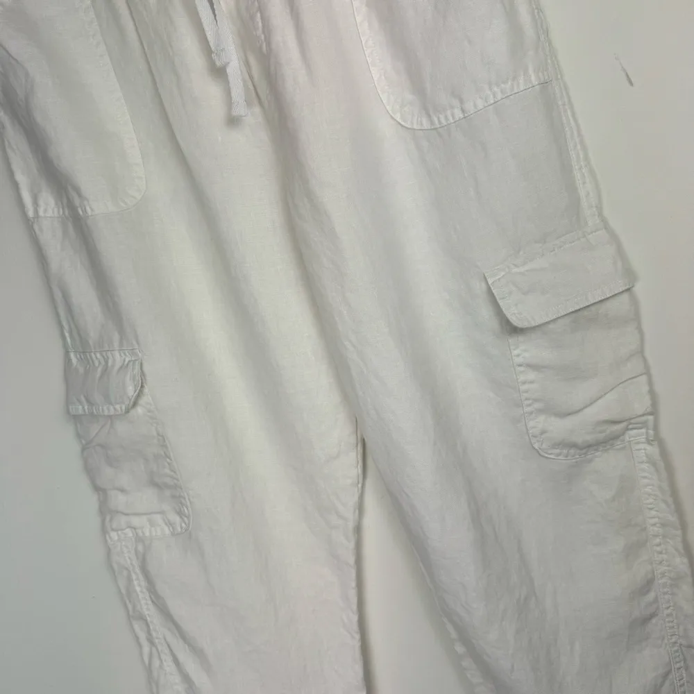 Nicole Miller 100% Linen White Cargo Straight Leg Tapered Pants Sz Large Fringe - Image 5