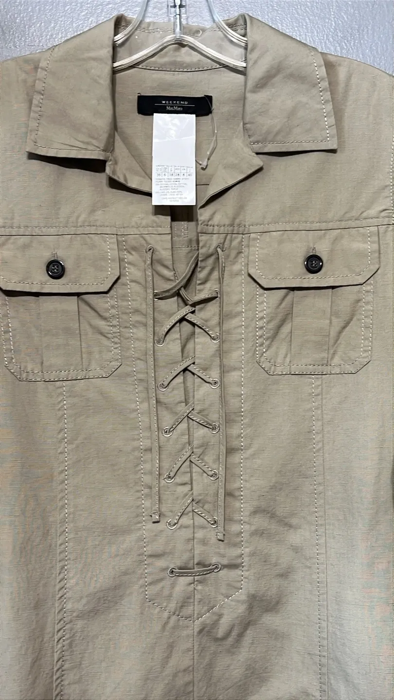 Weekend MaxMara Lace-Up Long Sleeve Dress Sz 6 Khaki Cotton Linen Safari Midi - Image 6