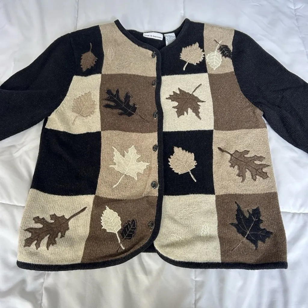 Vintage 90s Y2K Womens Medium Wool Blend Fall Leaf Christmas Cardigan Sweater - Image 2
