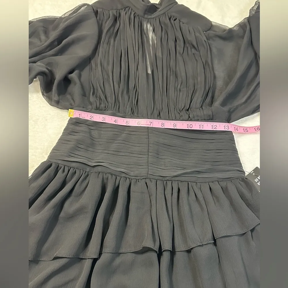 NWT Express Black Mock Neck Long Sleeve Pleated Waist Tiered Ruffle Mini  Dress - Image 6