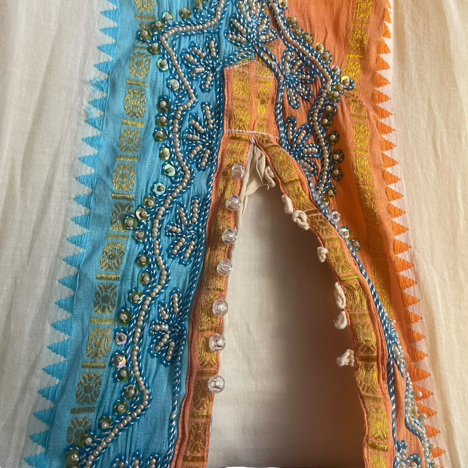 Occhi Blu‎ Women's L/XL Sheer Beaded India Orange Blue Celestial Gypsy Tunic Top - Image 5