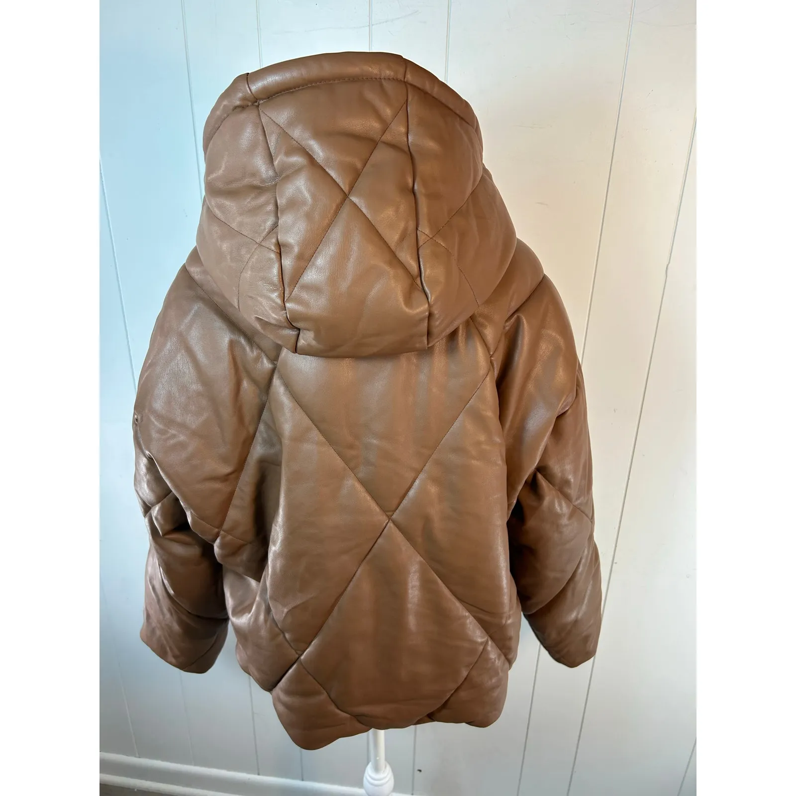 SEBBY Collection Faux Leather Short Puffer Jacket In Toffee Size L - Image 3