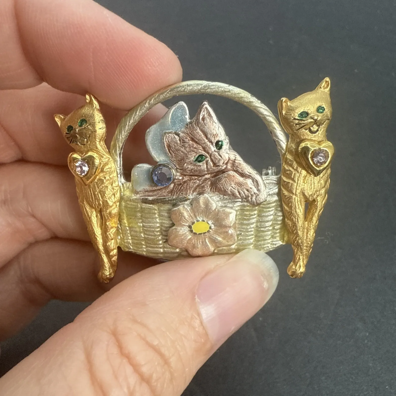Kenneth Cole Enamel Rhinestone Cat, Kitten In Basket Brooch Pin, Signed - Image 13