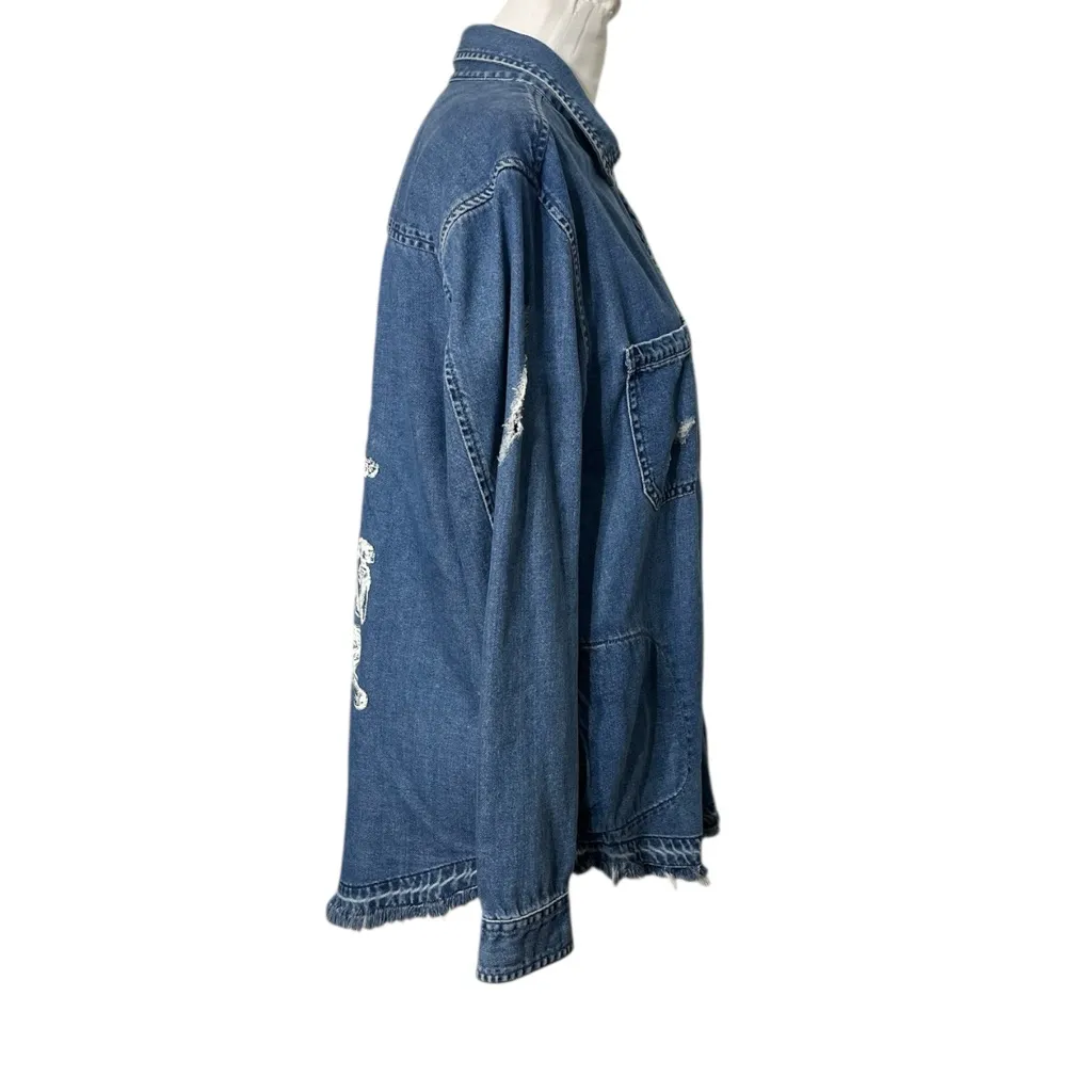 American Eagle Denim Jacket Size Medium Blue Oversized Frayed Graphic Distressed - Image 3