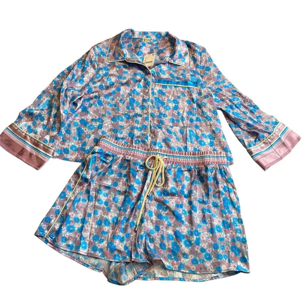 Free‎ People M Pillow Talk Satin Pajama Set Lilac Blue Floral Print Silky New - Image 2