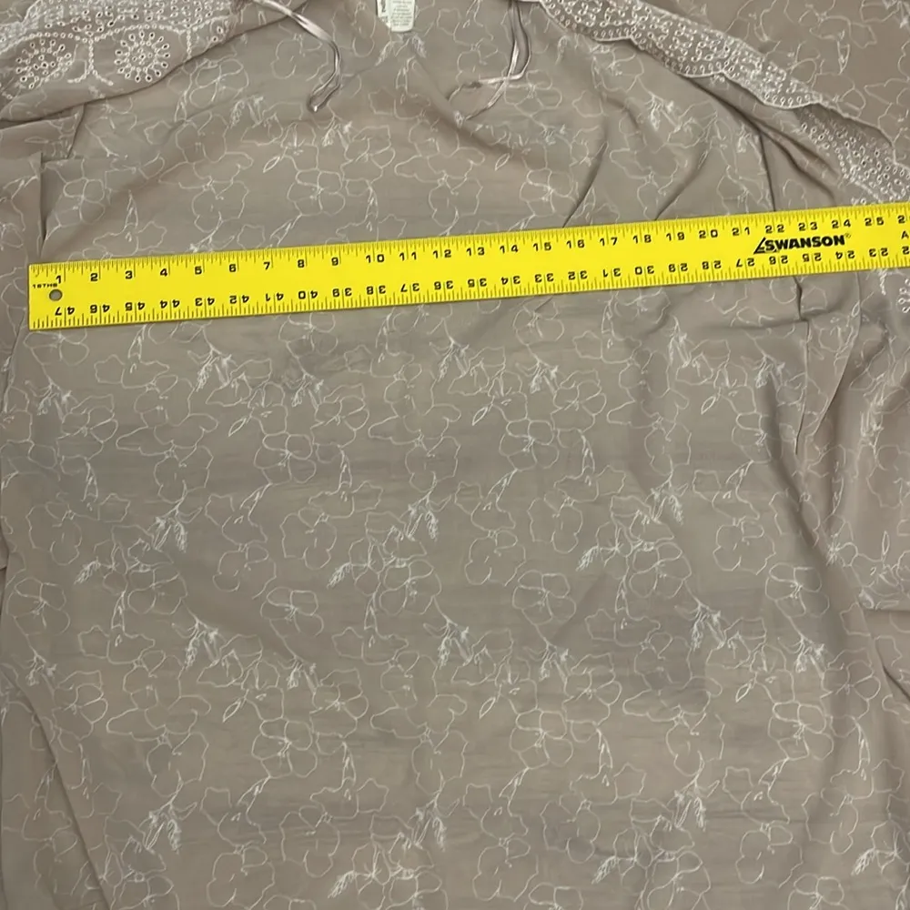 Tan  White Floral Print with Embroidered Detail Open Front Kimono One Size - Image 13