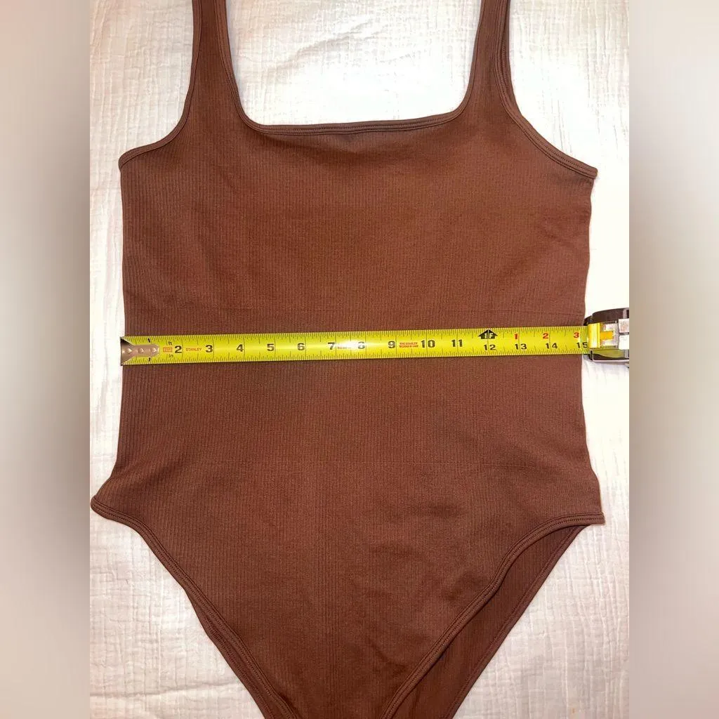 OQQ Ribbed Brown Bodysuit XXL | Square Neck Thong Snap Closure - Image 9