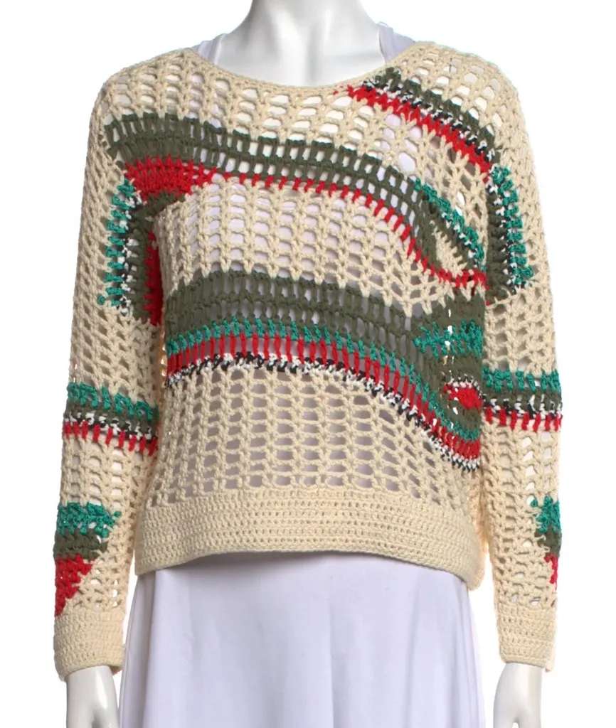 Sandro Paris Knit Steiped Cream and Multicolor Crochet Crew Neck Sweater Size 2 - Image 1