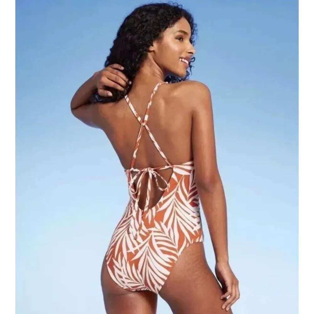 Shade & Shore Women's Bead Knot Detail One Piece Swimsuit - Orange Leaf Print S - Image 2