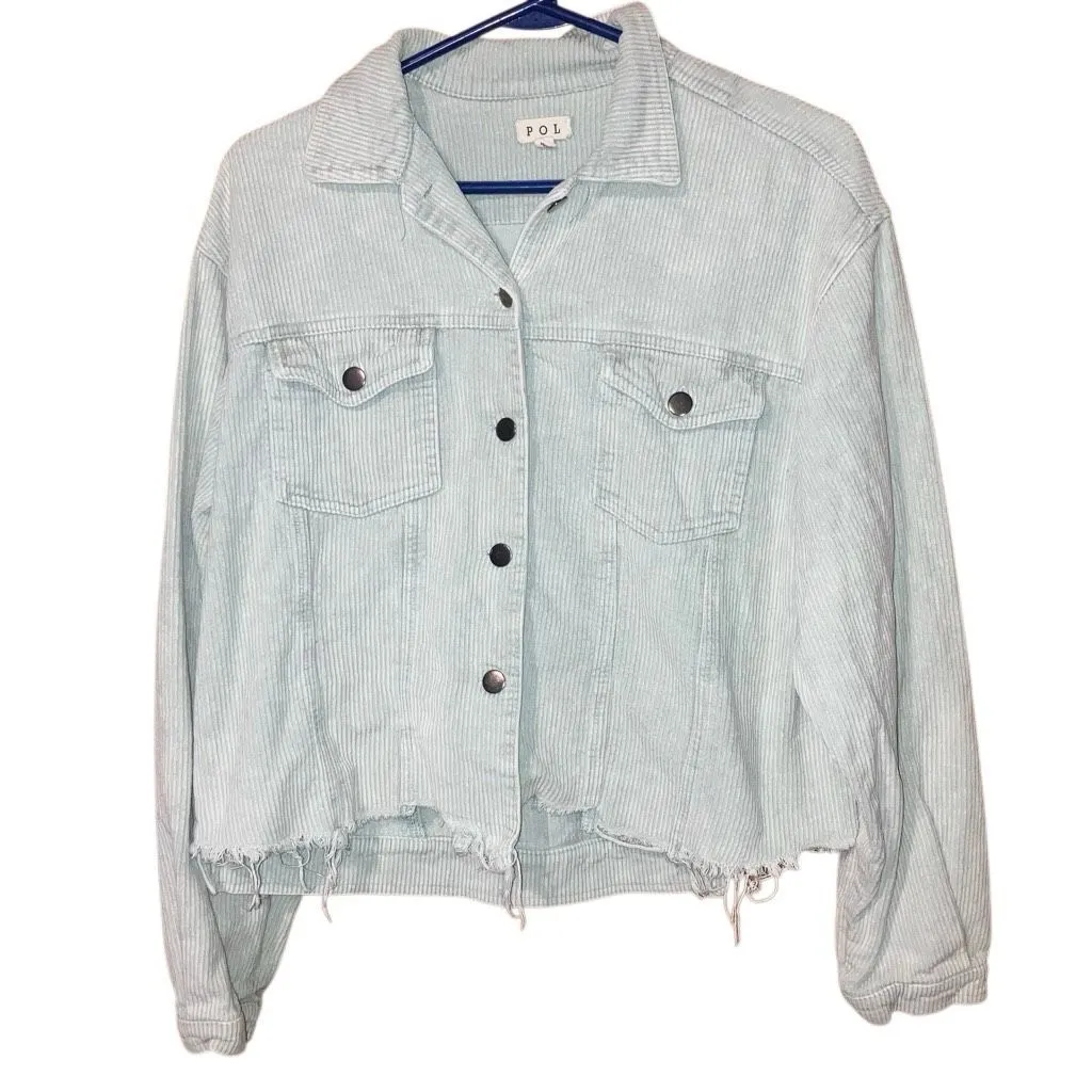 POL Corduroy Sage Green Button Front Shacket Raw Hem Trucker Jacket Medium #749 - Image 4