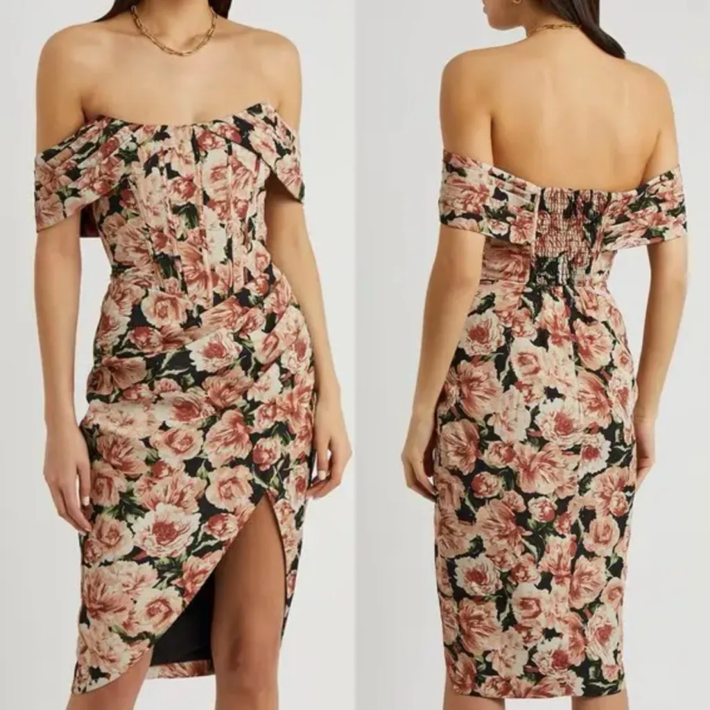 Lavish Alice Floral Rose Print Off The Shoulder Corset Midi Dress - Image 2