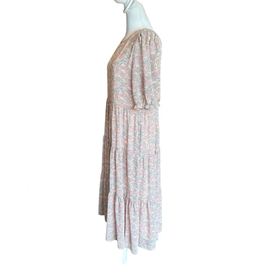 MELLODAY Floral Pink Tiered Dress Midi Maxi Dress Puff Sleeve Womens Medium - Image 3