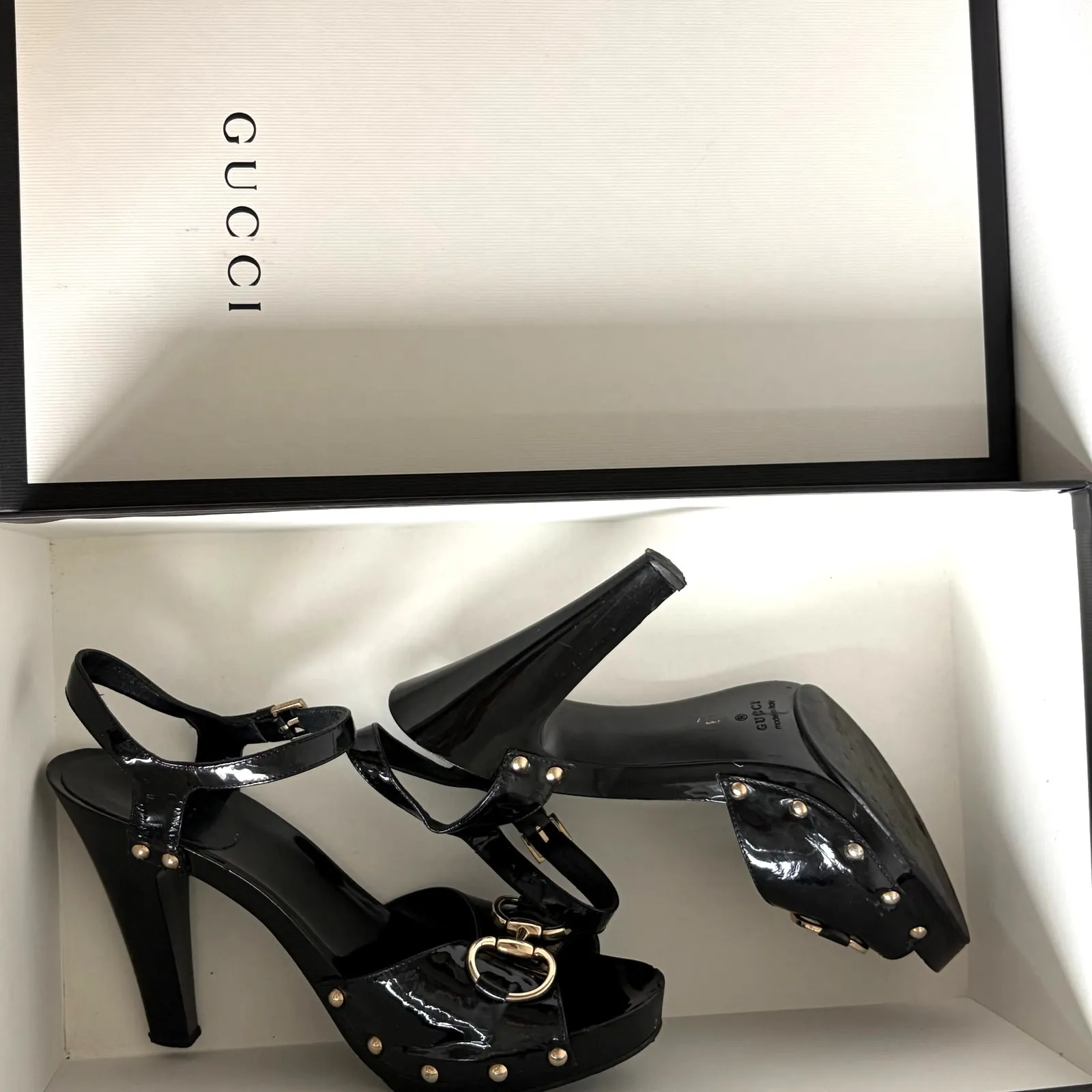 GUCCI Sand Pelle Sz 8 Black Patent Leather Horsebit Heels Sandals COA‎ BOX Auth - Image 13