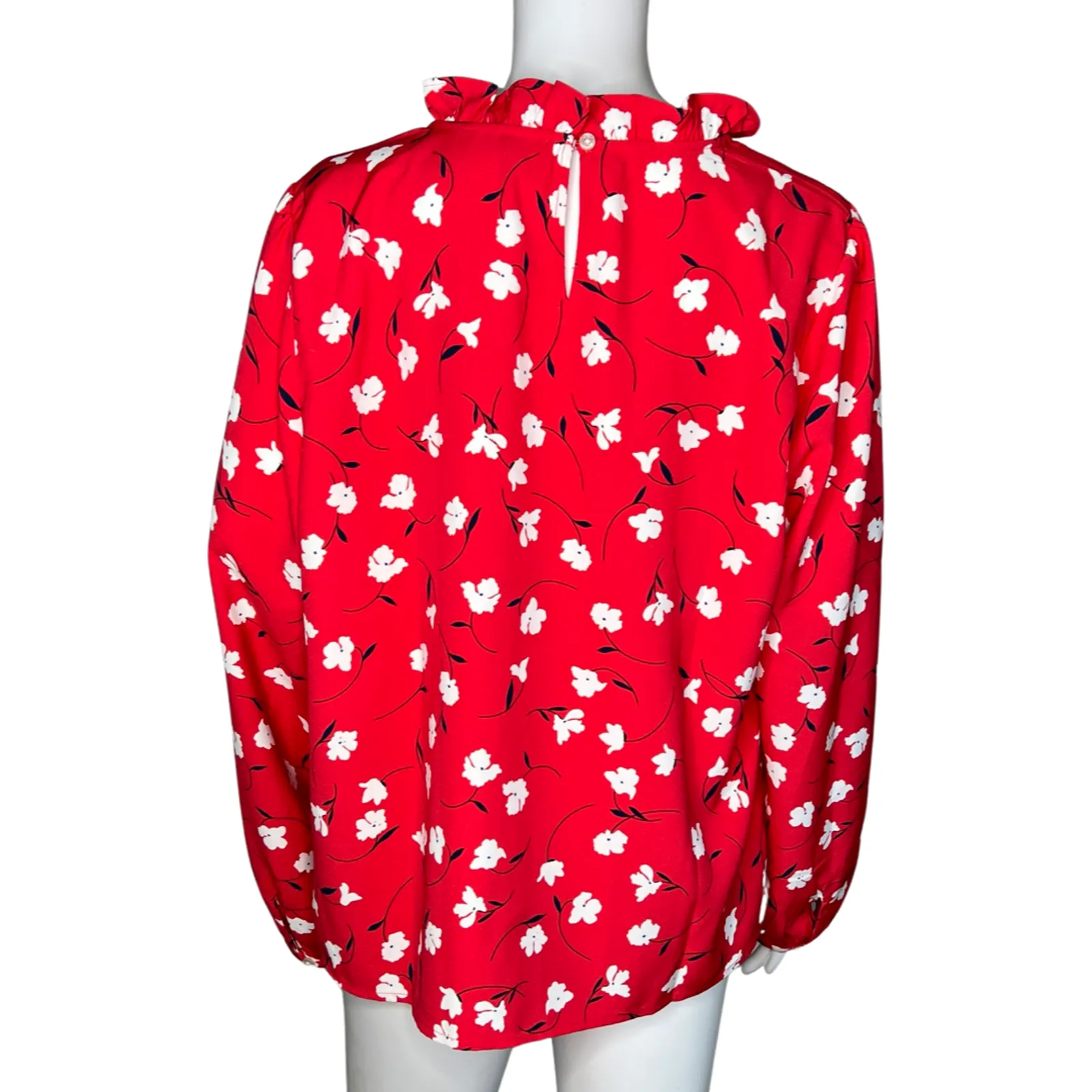 J Crew Blouse Womens Large Red Floral Print Long Sleeve Ruffle Neck Top Bohemian - Image 4