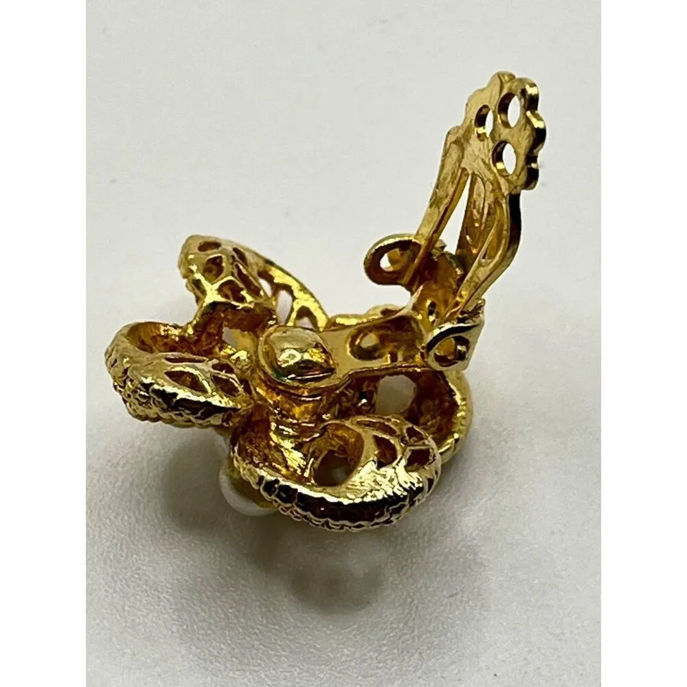 Vintage Gold Tone Faux Pearl Filigree Floral Statement‎ Earrings Clip On Glam - Image 6