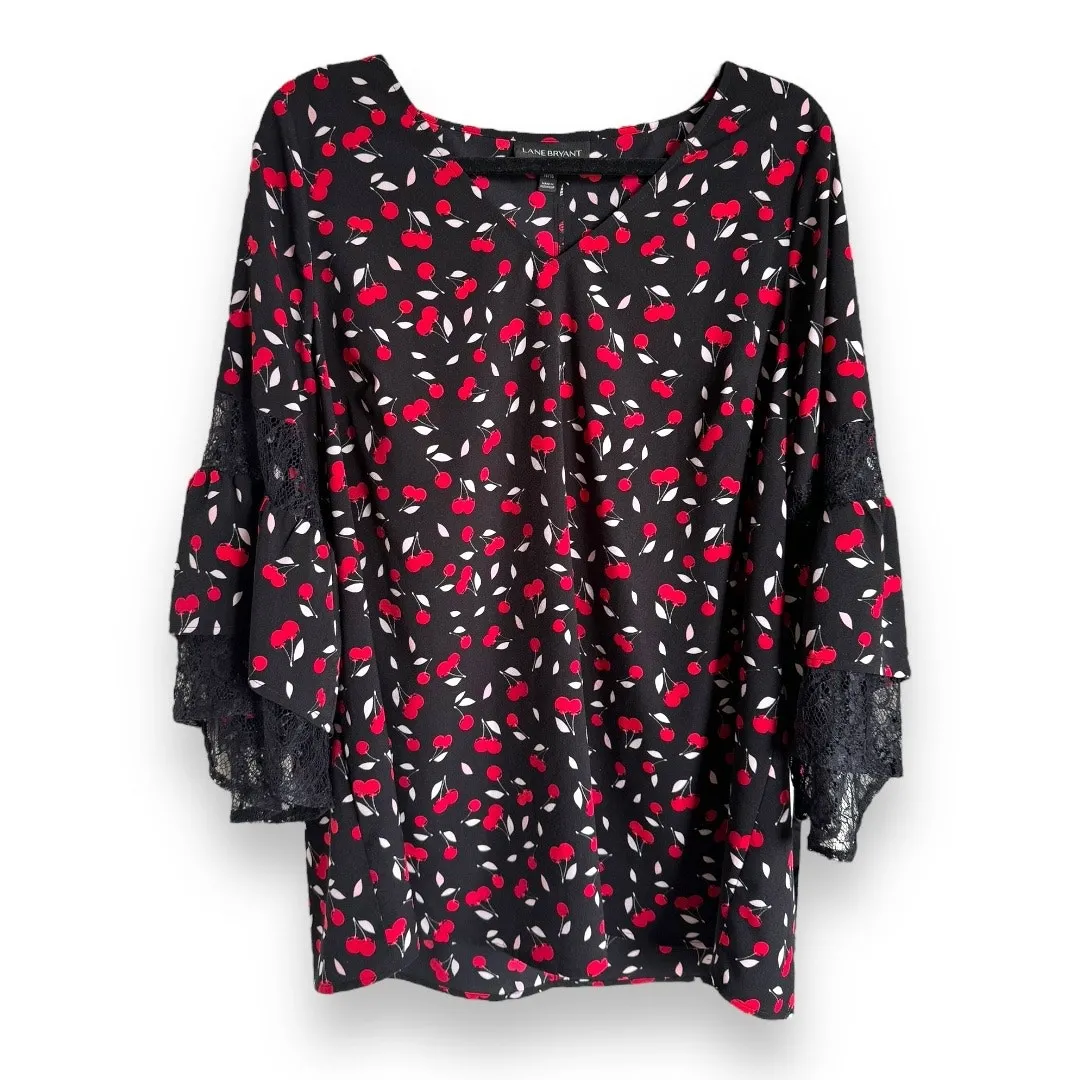 Lane‎ Bryant Womens Blouse Sz 14 16 Cherry Print Black Lace Bell Sleeve Red - Image 3
