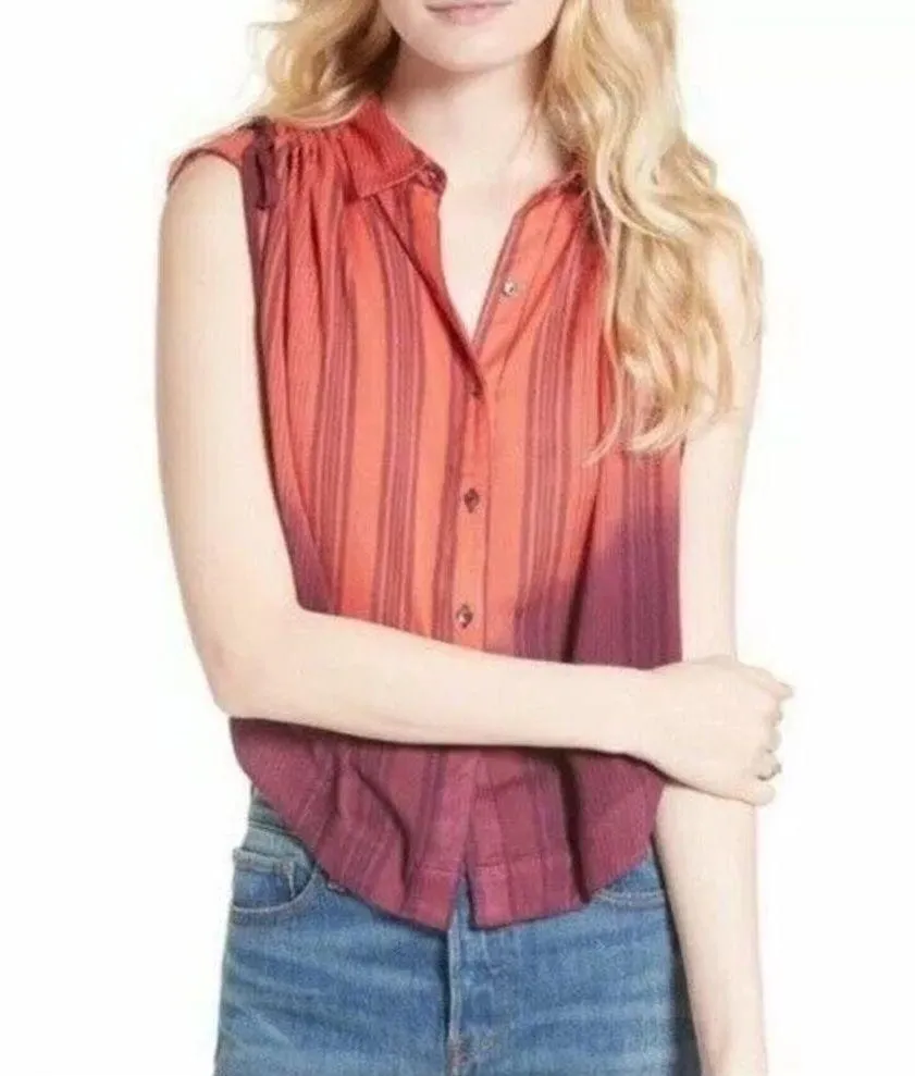 Free People Stripe Orange Burgundy Ombre Baby Blues Tie Shoulder Top Size Medium - Image 3
