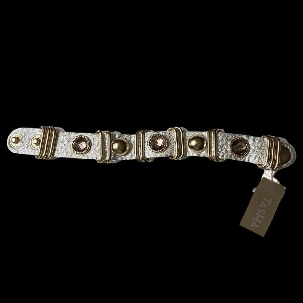 Tasha Silver metallic leather rhinestone bracelet - Image 3
