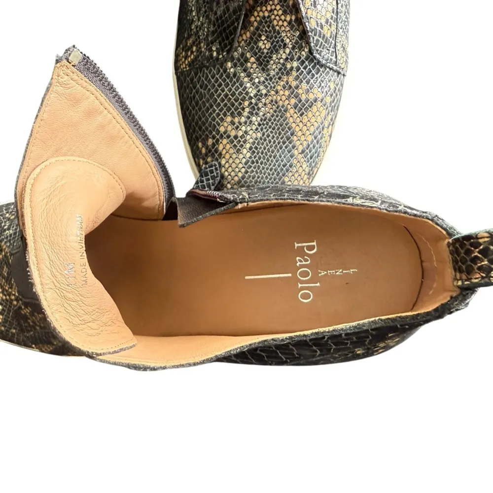 Linea Paolo Wedge sneaker Black gold Snake Print side zip leather heeled bootie Size 11 - Image 7