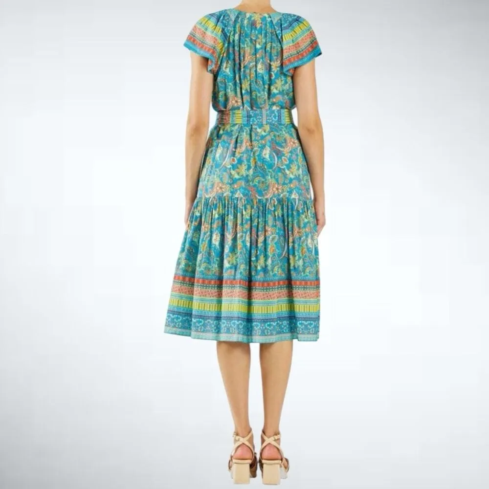 Size S Anthropologie Current Air Paisley Border Print Midi Dress in Blue/Orange - Image 3