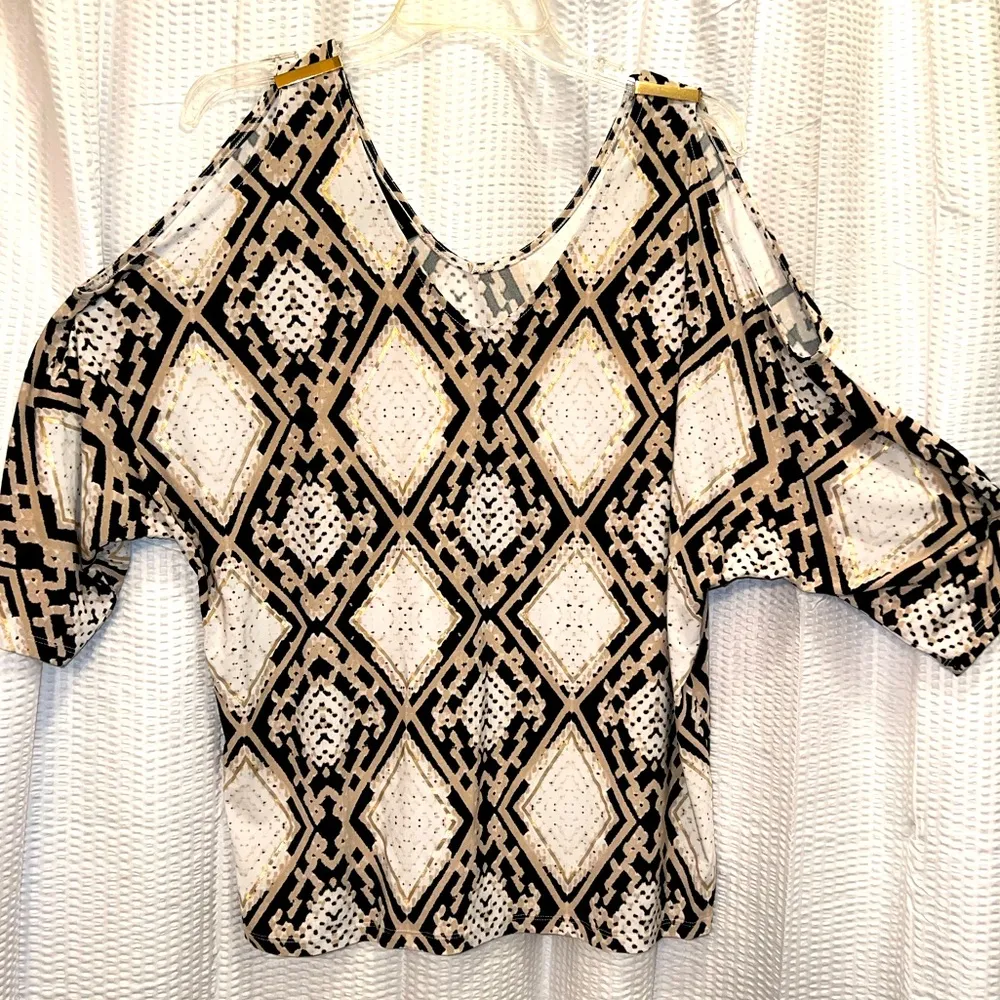 INC Cold Shoulder V-Neck Top with Gold Detailing, Size XL - Image 2