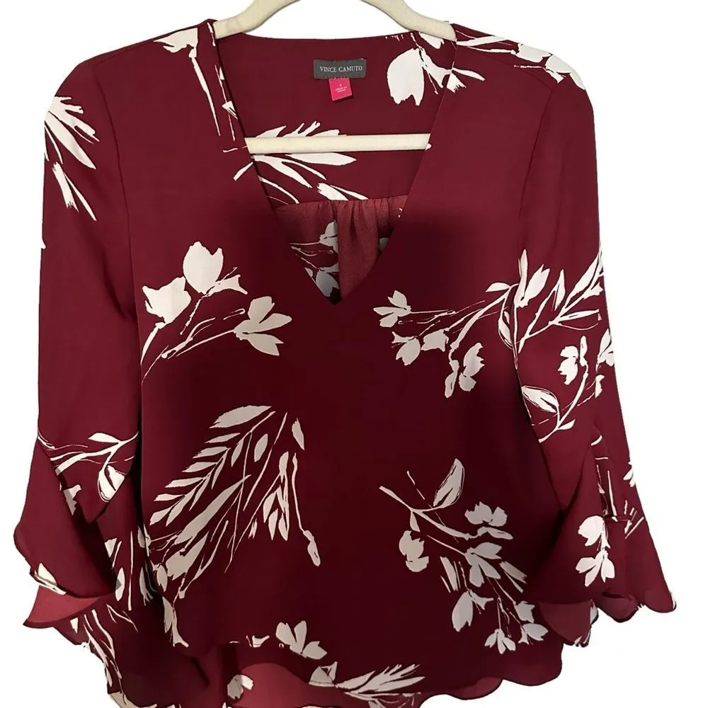 VINCE CAMUTO Women' Maroon ‎ Ruffled Pleated Floral Flutter Sleeve V Neck Blouse - Image 3