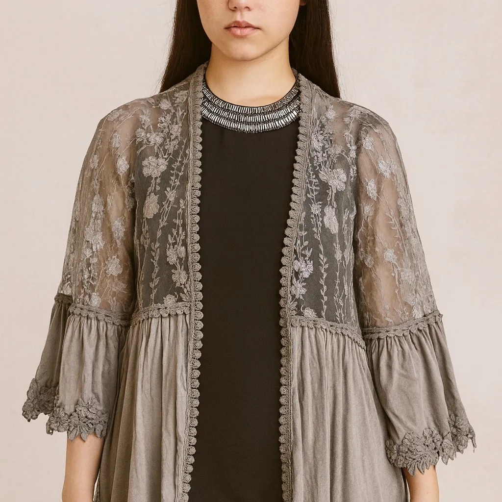 Vintage y2k POL Grey‎ Ladder Lace Grunge Fairy Long Sleeve Kimono Size LARGE - Image 12