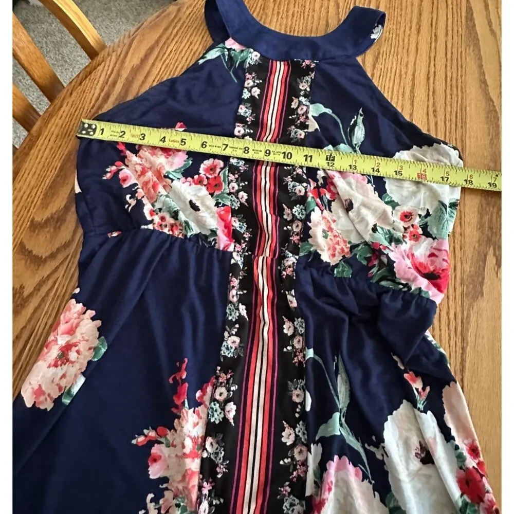 Three Pink Hearts Floral Halter Maxi Dress Pink Navy Front Slit Keyhole Back L Size undefined - Image 9