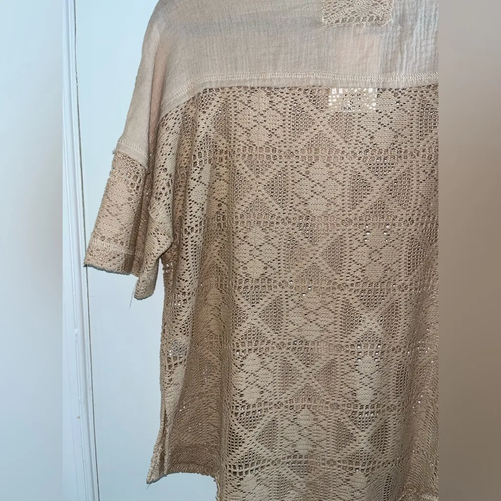 Desert Sand Open Crochet Button Up Short Sleeve Top - Image 10