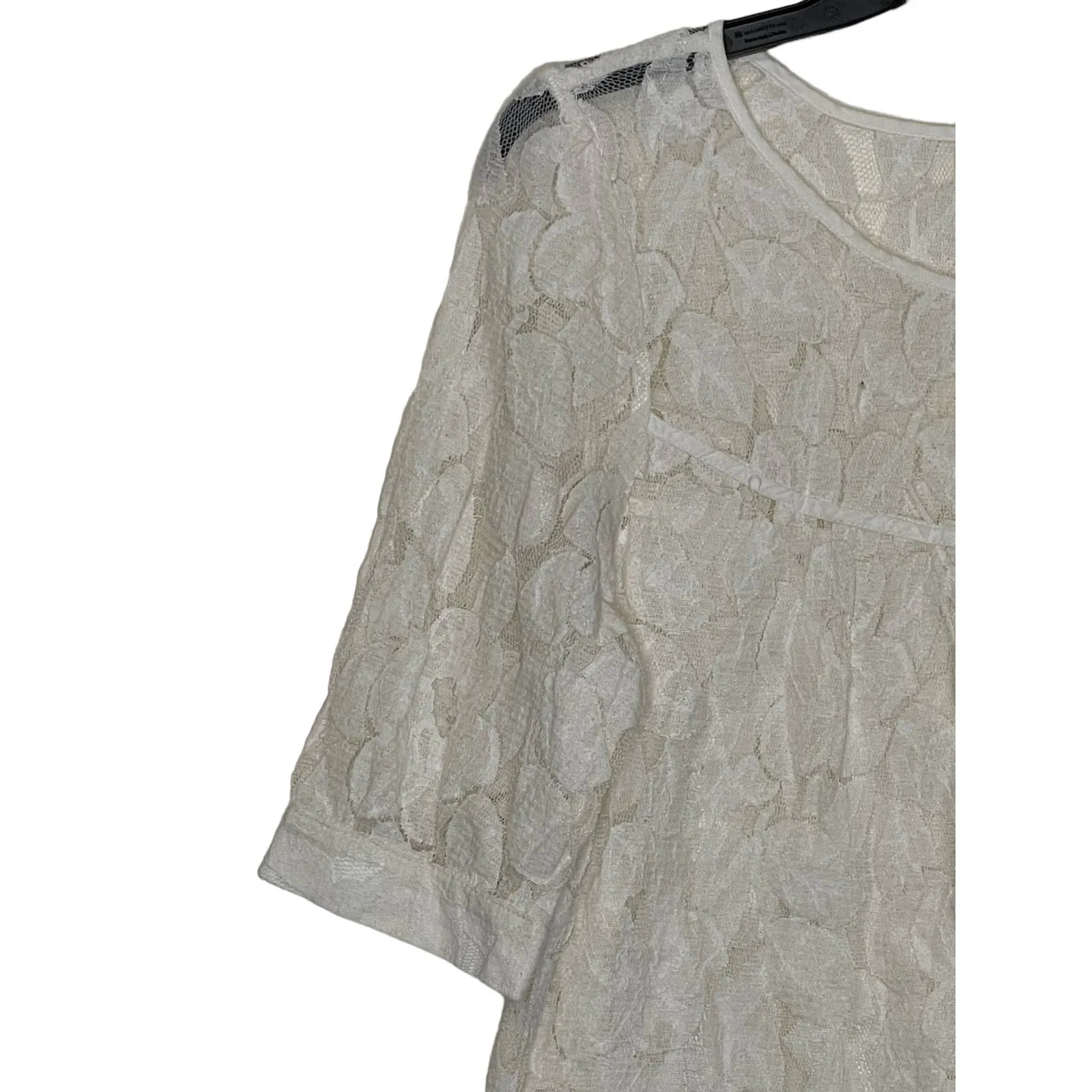 Gap‎ Women's Top Floral Lace Sheer Cuffed Sleeve Boxy Fit Crew Neck White Medium - Image 4