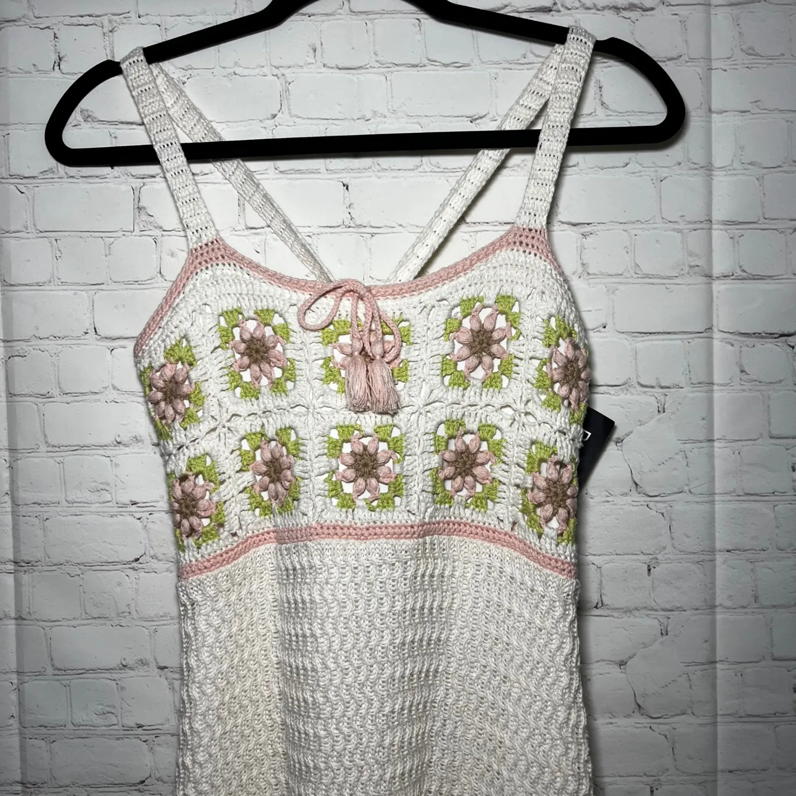 Saltwater Luxe Yvie Cream Floral Crochet Tank Dress Mini Square Neck Tassel Sz S - Image 3