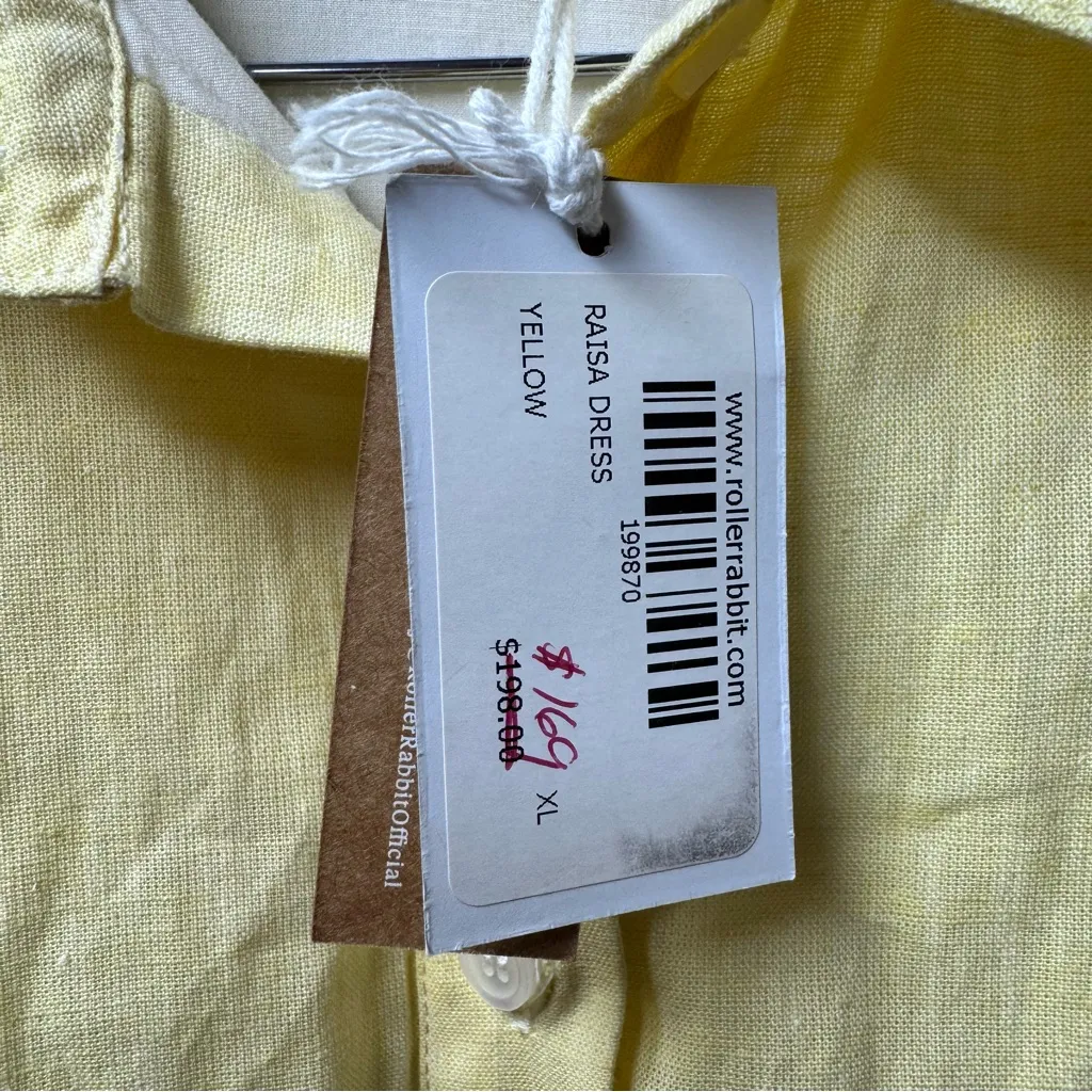 NEW Roller Rabbit Raisa Long Sleeve Shirt Dress Midi Cotton Linen Yellow XL - Image 9