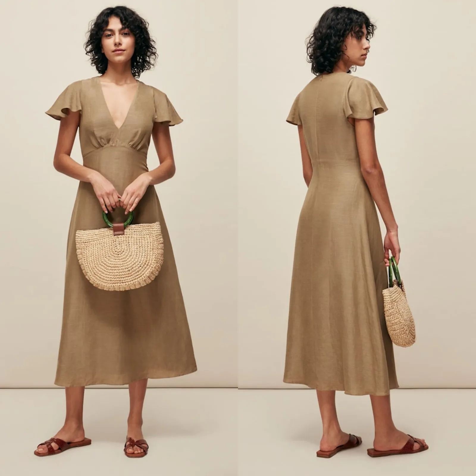 WHISTLES Midi Dress Womens Size 2 Linen Cotton Minimalist Olive Indie Goblincore Green - Image 2