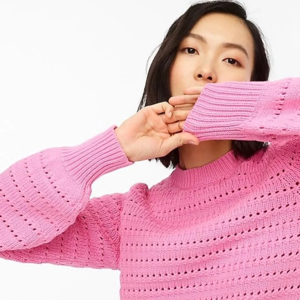 J Crew Pink Pointelle Pullover Sweater Top Balloon Crew Crochet Cotton Knit M - Image 3
