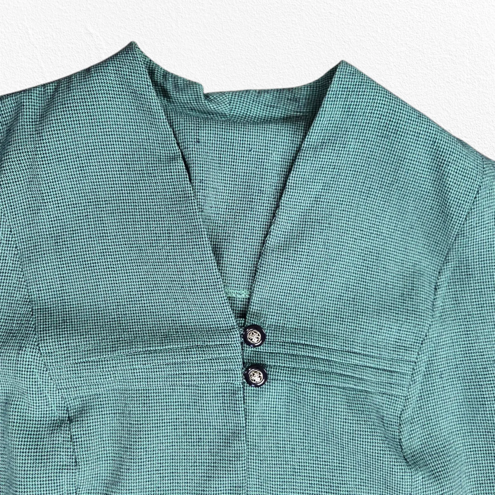 1950s Vintage Teal Black Houndstooth Button Down Fitted Blouse Jacket Size Large Gray - Image 3