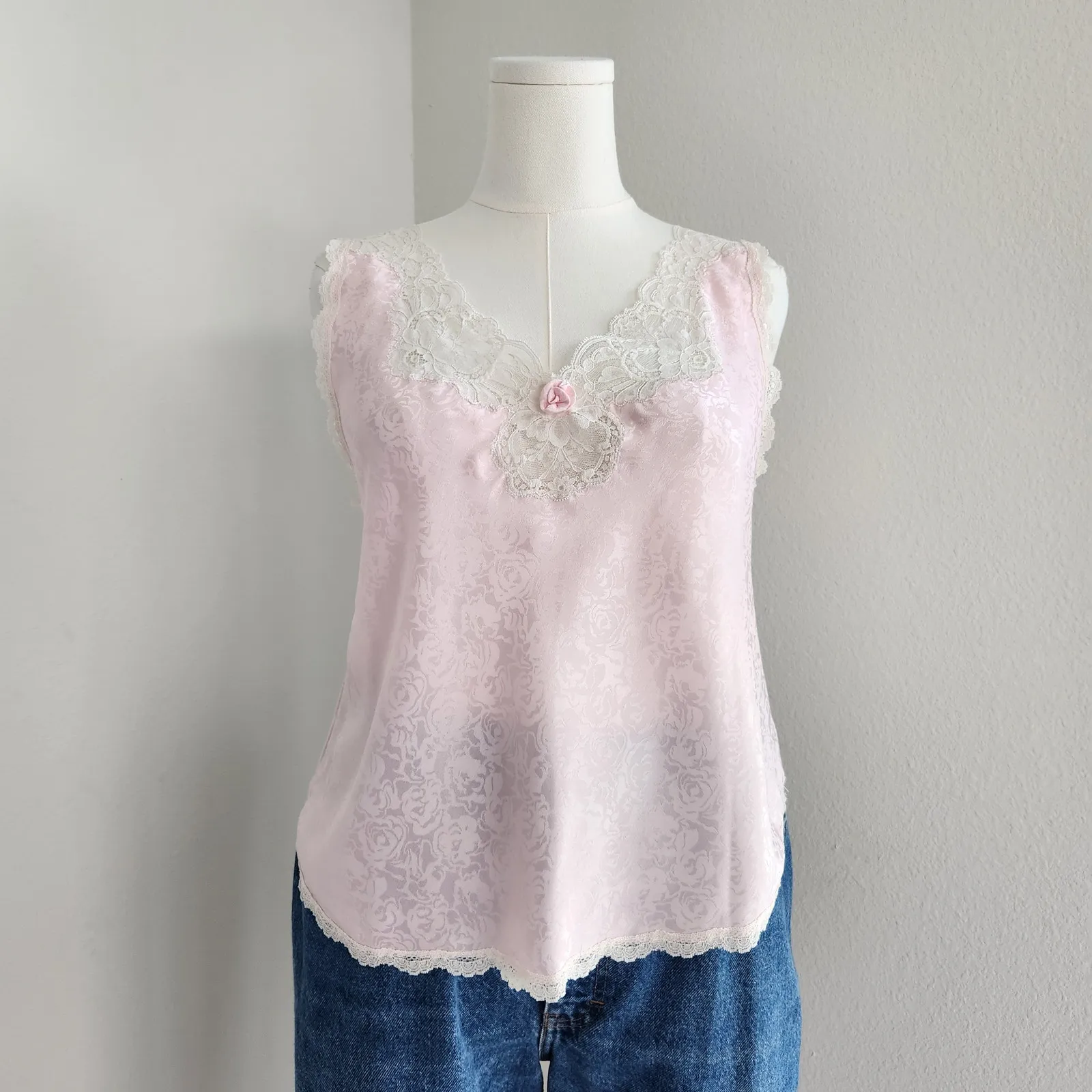90s Vintage Pale Pink Floral Jacquard Lace Trim Camisole Satin Lingerie Tank L Size L - Image 8