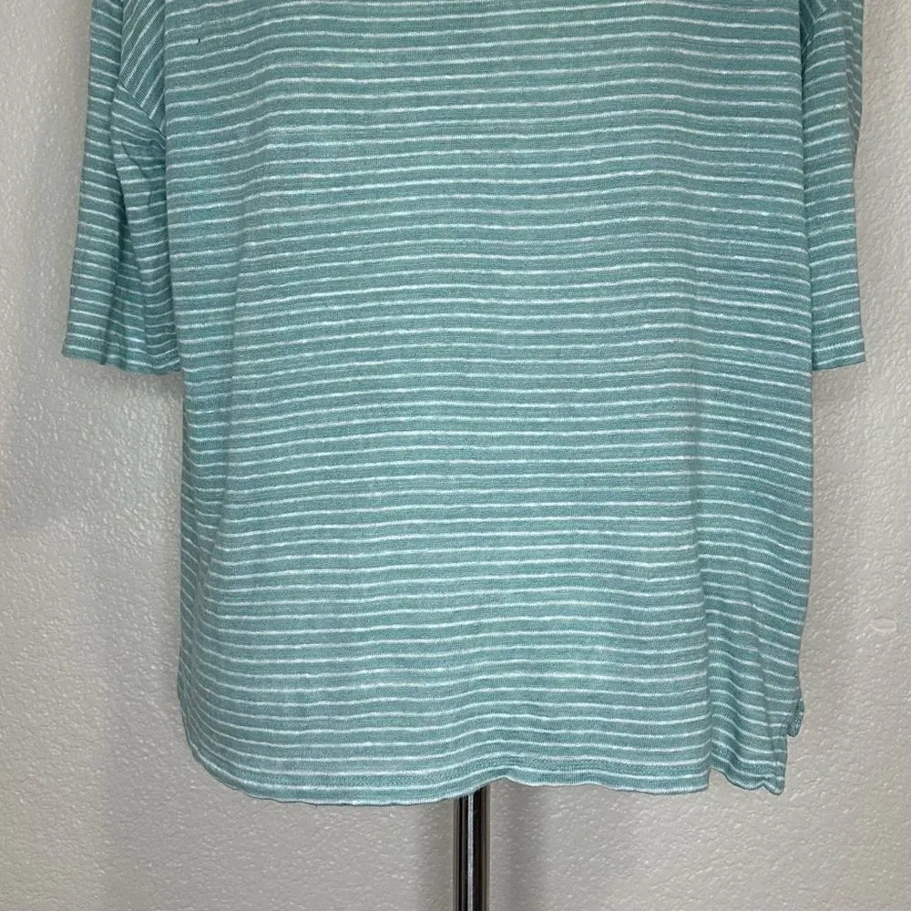Nicole Miller 100% Linen Mint Green White Striped Short Sleeves Tee - Image 9