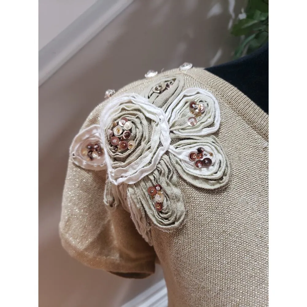 Joseph A. Blouse Top Women M Beige Metallic Floral Short Sleeve Shoulder Buttons Size M - Image 10